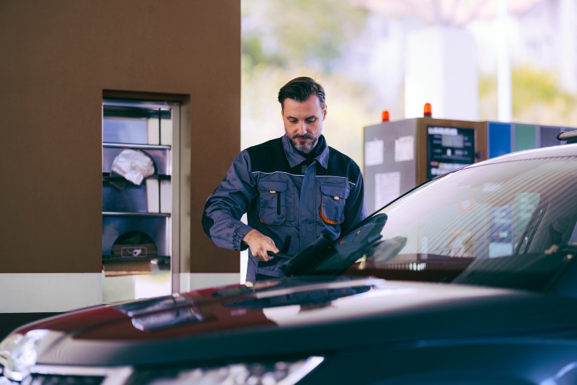 An expert auto glass technician is inspecting and repairing a cracked windshield in Burnaby, BC