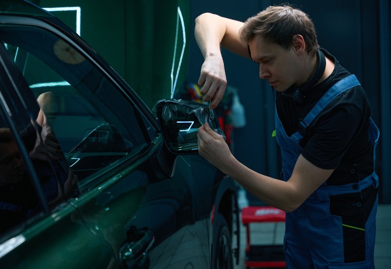 A man in overalls engaged in car repair, showcasing auto mirror repair & replacement in Burnaby, BC.